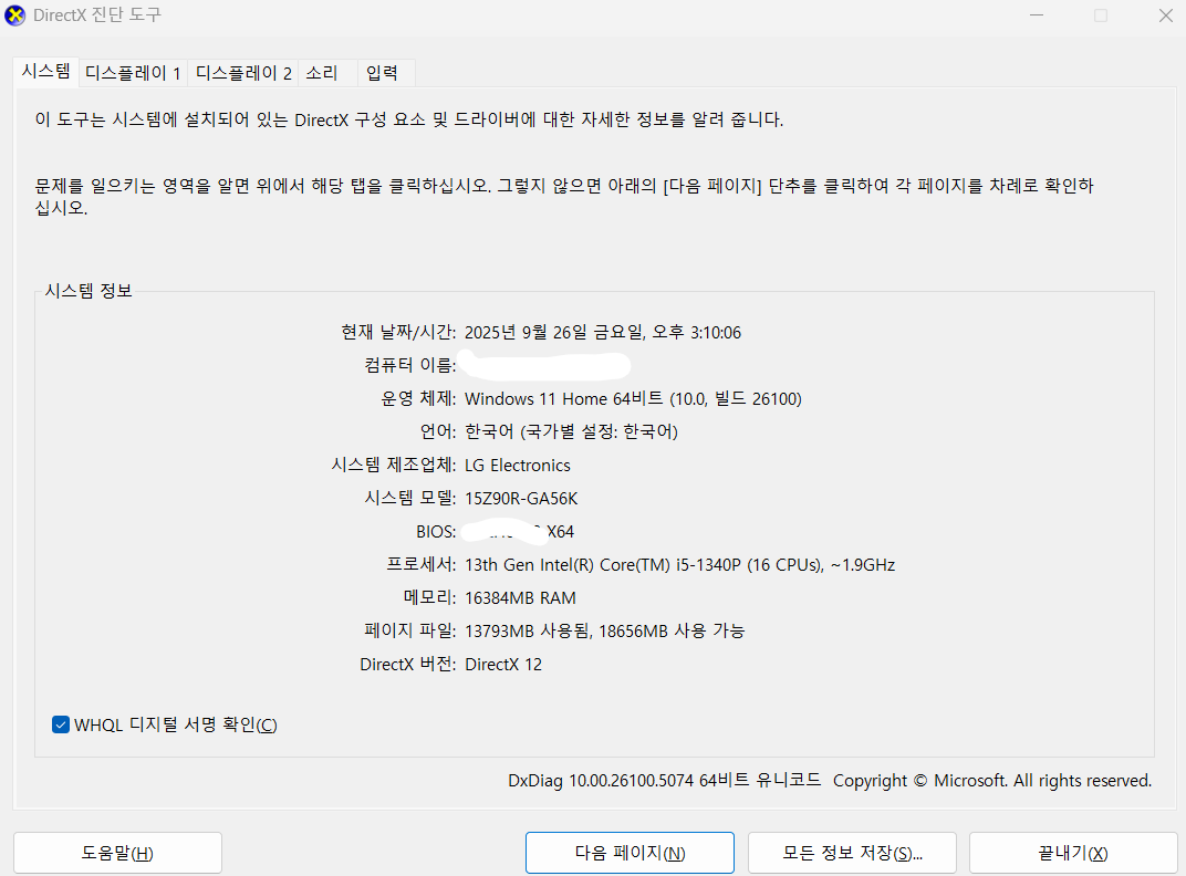 DirectX 진단 도구 이미지